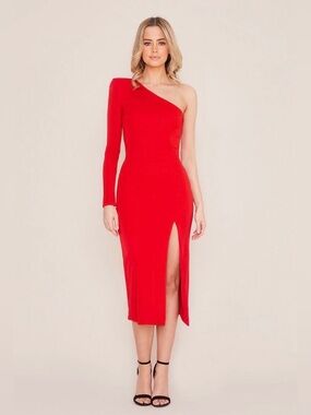 NADINE MERABI One-Shoulder Red Midi Dress with Thigh Slit. Sz SM